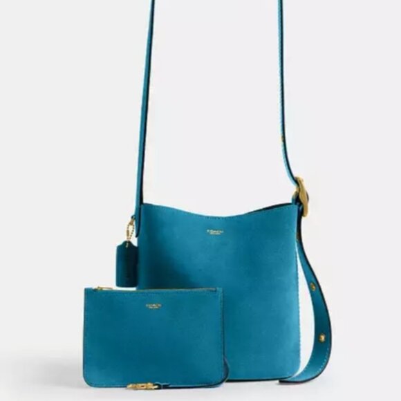 Coach Suede Bleecker Bucket Bag 21 w/Pouch in SeaBlue/Brass AND Easter Bag Charm - Picture 12 of 15